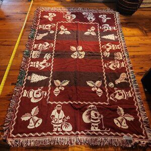 Vintage Christmas Woven Cotton Throw Blanket 47" X 70" Made In Spain With Fringe